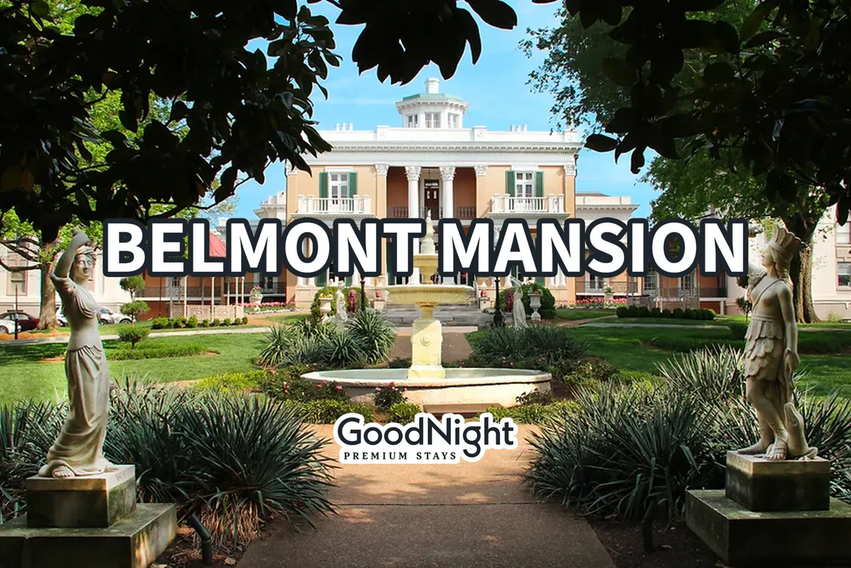 The stately Belmont Mansion framed by elegant gardens, a central fountain, and classical statues. The setting is tranquil yet grand, evoking Nashville’s historical and cultural richness amid lush outdoor beauty.